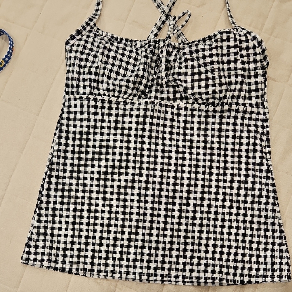 Lands' End Black and White Tie Front Tankini Swim Top Sz 4